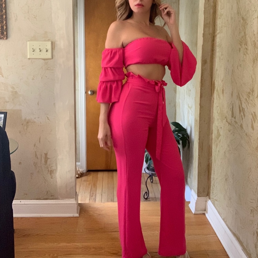 FUSHIA PAPERBAG PANTS SET